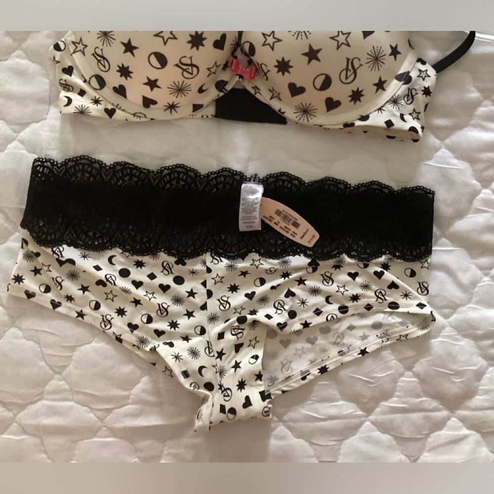 34B and medium Victoria’s Secret cream and black bra and panty set.